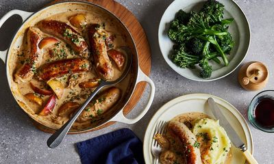 Braised pork sausages with apples, cider and creamy mash – recipe