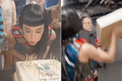 Katy Perry throws birthday cake at tour crew in bizarre video