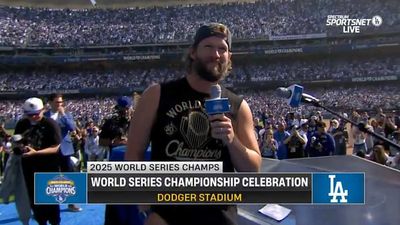 An Emotional Clayton Kershaw Held Back Tears Addressing Dodgers Fans, Teammates at Rally