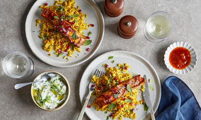 Grilled salmon tikka with fragrant orzo and mint raita – recipe