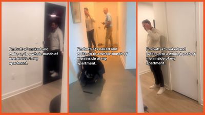 Woman wakes up to maintenance men in her apartment and she decides to confront them despite the fact she’s not wearing any clothes