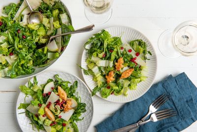Thanksgiving salad with pears, Parmesan and pomegranate seeds, starring puff pastry croutons