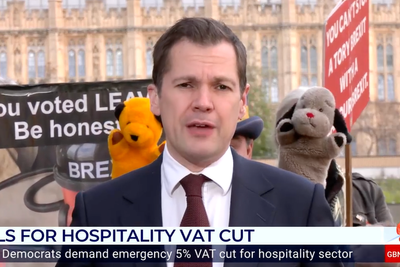 Robert Jenrick’s live TV interview interrupted by Sooty and Sweep anti-Brexit campaigners