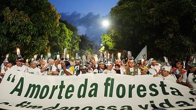 Rubber tappers march in Belem to call for an end to deforestation at COP30