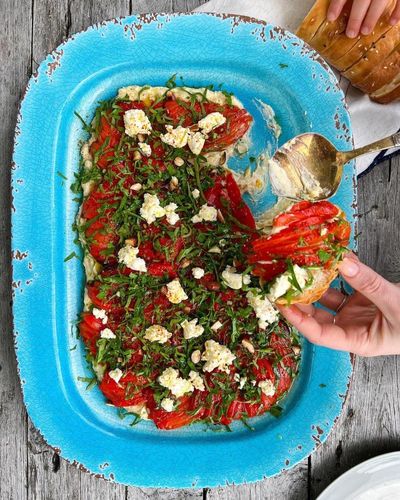 Alice Zaslavsky’s recipe for garlic red peppers with a creamy white bean dip, AKA papula