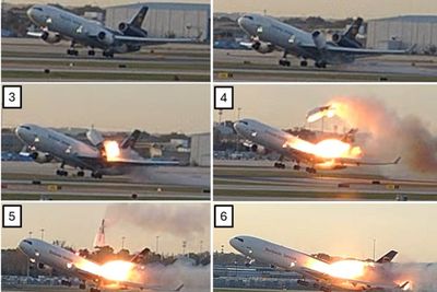 Dramatic pictures show UPS plane engine fly off in burst of flames before devastating crash