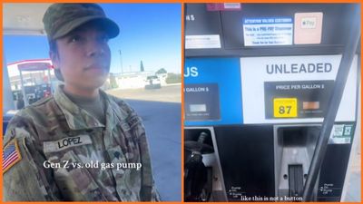 Soldier stands at gas pump and tries everything to add gas to her Honda Civic, soon realizes her birth year is the problem