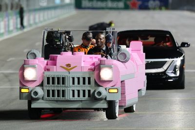 Terry Crews chauffeurs F1 podium in giant pink LEGO Cadillac at Las Vegas GP