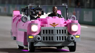 Terry Crews driving a full-size Lego 1950s pink Cadillac is the most Vegas thing to happen at this weekend's Grand Prix