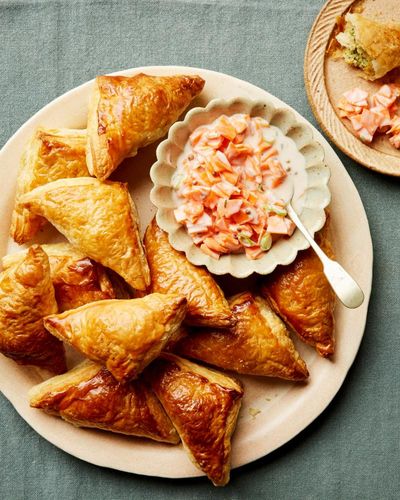 Rukmini Iyer’s quick and easy recipe for spiced paneer puffs with quick-pickled carrot raita