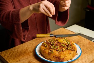 Alice Zaslavsky’s kataifi pie with feta, tomatoes and warm oregano honey – recipe