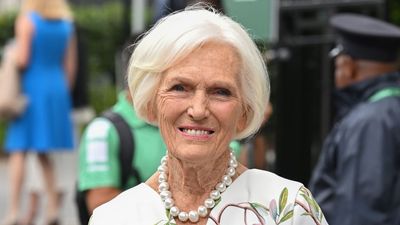 Mary Berry's rose-pink blazer and statement necklace transform her all-black outfit into something so fun