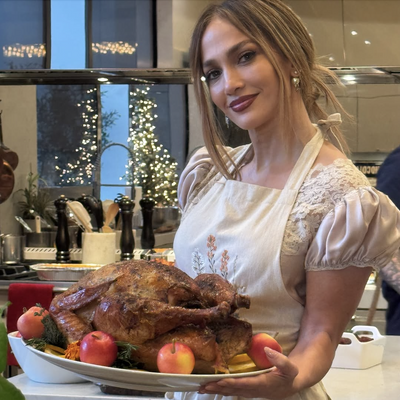 Jennifer Lopez Serves Turkey and a Look on Thanksgiving, in a Glamorous Silk and Lace Gown