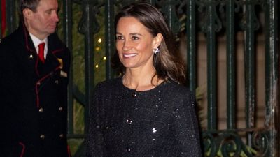 Pippa Middleton's sparkling boucle midi dress and cranberry-red accessories is the Together at Christmas outfit to beat