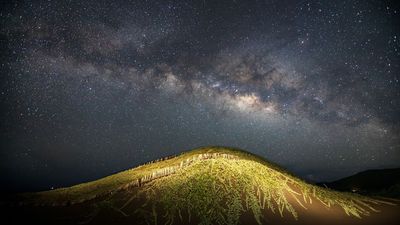 Shot with an old Canon 5D Mark III DSLR, this photo captures an astonishing Milky Way arc over a Mount Fuji-inspired landscape