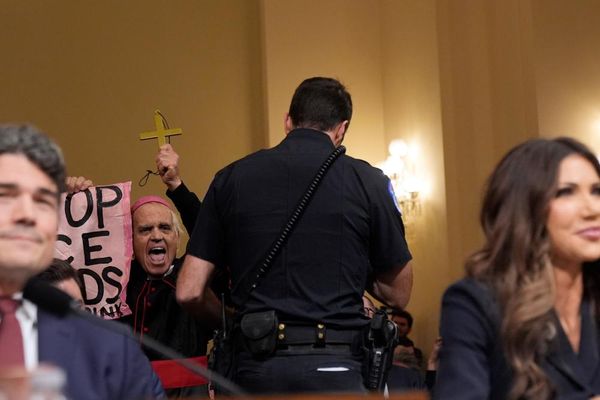 Kristi Noem hearing interrupted by protesters quoting The Exorcist