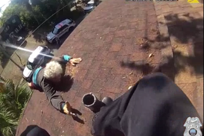 Elderly man dangling from three-story building after slipping while blowing leaves off his roof is rescued by cops