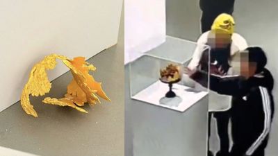 Child accidentally drops Handcrafted gold wedding crown to the floor at Exhibition
