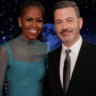 Michelle Obama Trades Flowing Gowns for Her First Hervé Léger Bandage Dress on 'Jimmy Kimmel Live!'