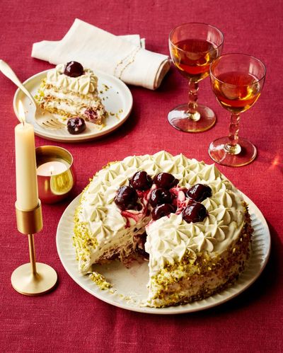 Benjamina Ebuehi’s recipe for pistachio and cherry meringue cake