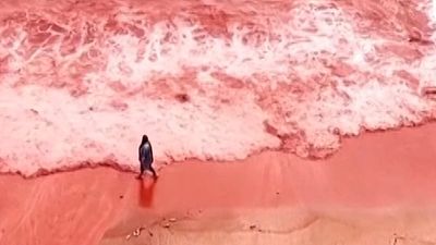 Heavy rain turns Iran’s Hormuz Island beach deep red