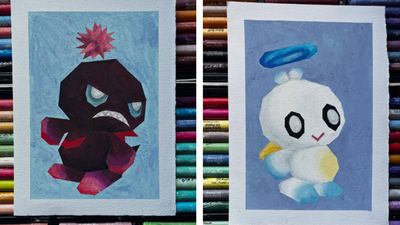I hated using oil pastels in school, but this artist has made me want to give them a second chance thanks to their adorable, low-poly video game character paintings
