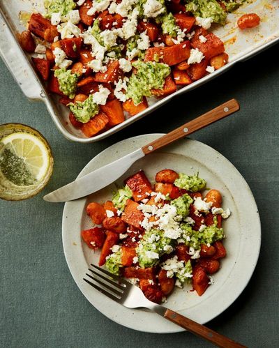 Rukmini Iyer’s quick and easy recipe for roast sweet potato, feta and butter bean traybake