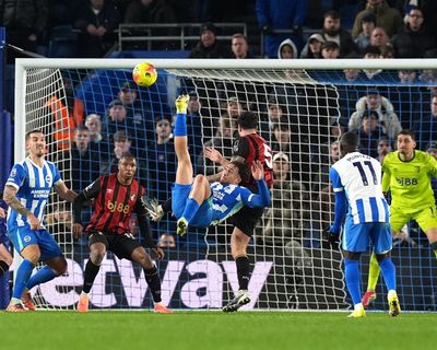 Kostoulas’s brilliant bicycle kick rescues point for Brighton against Bournemouth