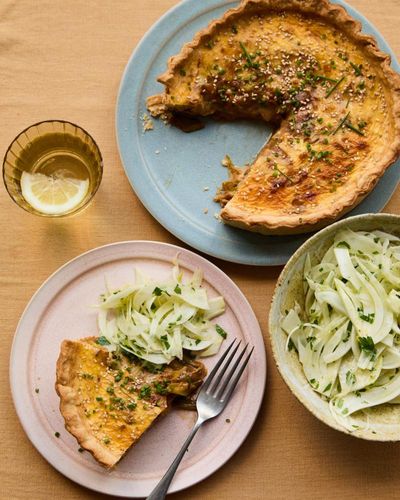 Kenji Morimoto’s recipe for miso leek custard tart with fennel slaw