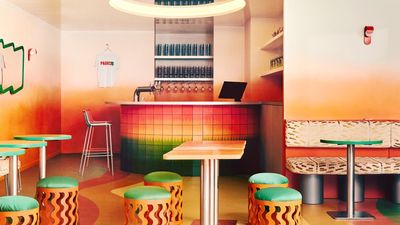 This Otherworldly 'Padel Bar' Just Opened in Paris — Its Hypnotic Rainbow Palette Is Proof That Contrasting Colors Are the Biggest Trend Right Now
