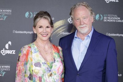 Melissa Gilbert reacts after husband Timothy Busfield is released from custody following child sex abuse charges