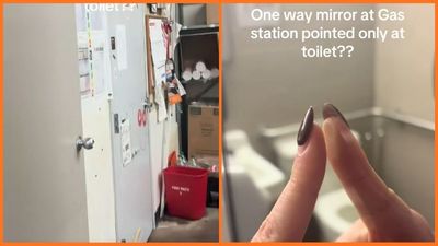 Woman finds suspicious gas station bathroom mirror aimed right at the toilet. Her next discovery only makes it worse