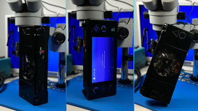 PS4 Slim transformed into a handheld, powered by a miniaturized motherboard in a 3D-printed case — features a 7-inch OLED screen, HDMI out, and 3-hour battery life