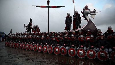 Scottish vikings march through the streets for Up Helly Aa festivities