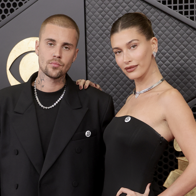 Hailey Bieber Sports a Sheer Butt Panel and "ICE OUT" Pin on the Grammys Red Carpet