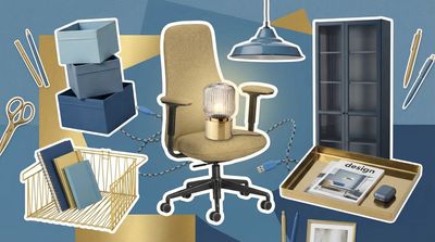 Give your home office a touch of class with IKEA's lights and accessories in slate blue and brass — from just $4