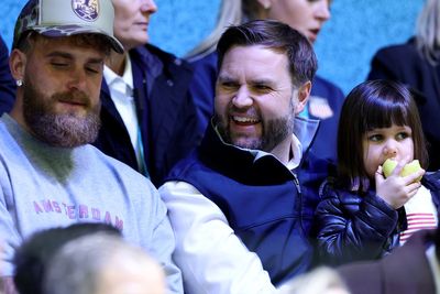JD Vance and Jake Paul sit together as they watch US women’s hockey at Winter Olympics