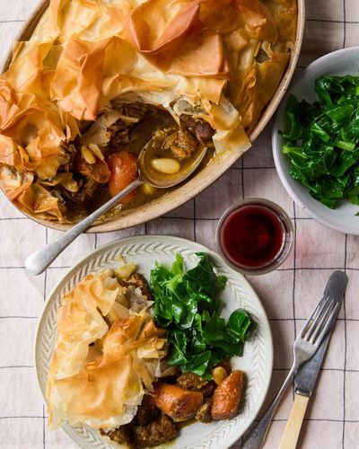 Moroccan lamb filo pie and rhubarb panna cotta: Thomasina Miers’ Sunday best recipes