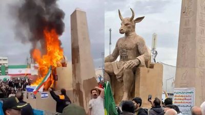 Watch: Iranian protesters burn ‘Baal’ Effigy marked with Star of David, chant ‘death to Israel’ at rally