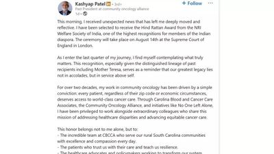 Who is Kashyap Patel? Indian-origin doctor wins prestigious NRI award Hind Rattan for transforming cancer care