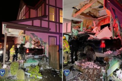 Watch: Video shows pickup truck crashing into Oregon home after launching about 100 feet through the air