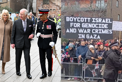 Pro-Palestine protesters’ chants drowned out by crowds during King’s visit to London’s East End
