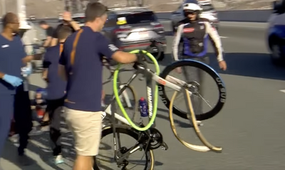 Fabio Jakobsen's tyre and insert blown clean off his 'mini-hook' rims in UAE Tour crash
