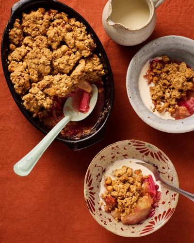 Helen Goh’s recipe for rhubarb, pear and hazelnut crumble with browned butter