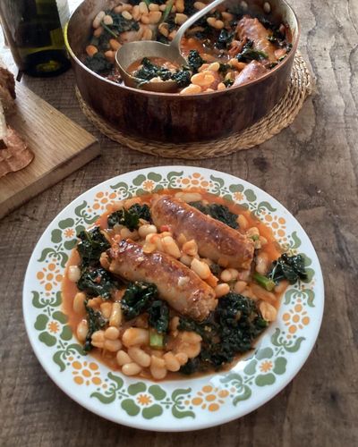 Rachel Roddy’s recipe for beans with greens and sausages