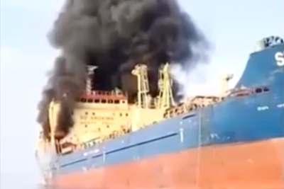Iranian drones send oil tanker up in flames in Strait of Hormuz
