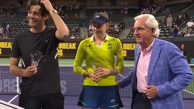 Tennis star Elena Rybakina removes man’s hand after awkward touch during post win celebration