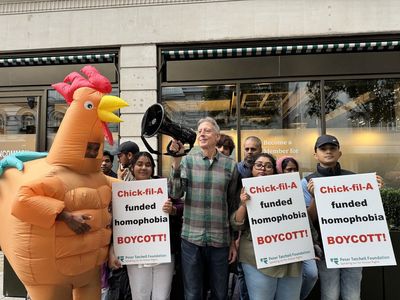 Peter Tatchell leads LGBT+ protest at opening of Chick-fil-A’s first London restaurant