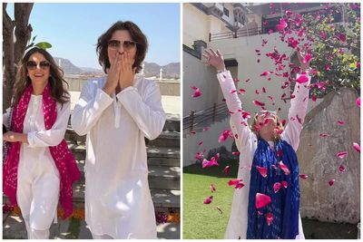 Elizabeth Hurley celebrates Holi with son Damian and Trinny Woodall in colourful Delhi festivities