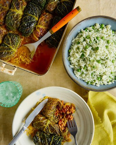 Thomasina Miers’ recipe for stuffed cabbage in white wine and escabeche, with buttered dill and pea rice